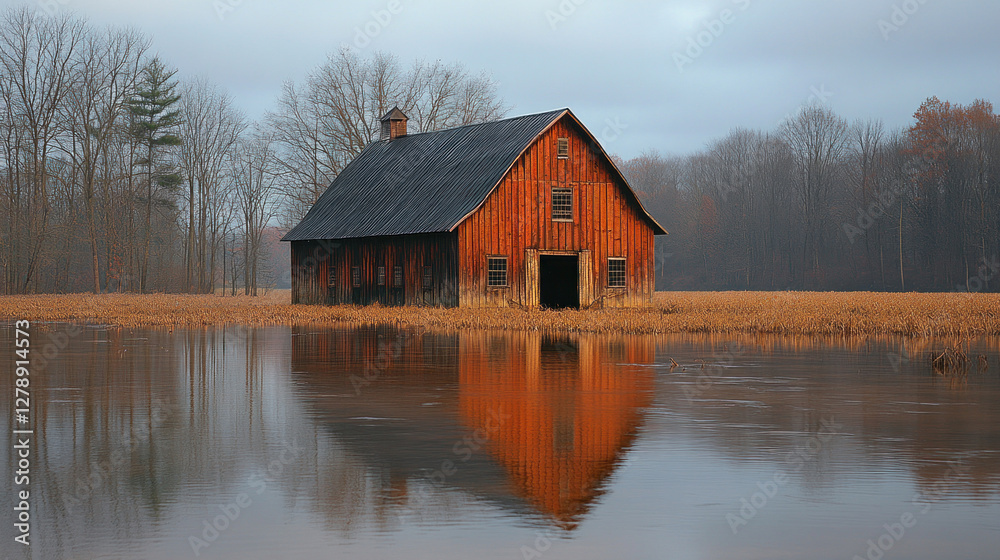 Floodwaters encroaching on a rustic barn, with the building reflected in the murky surface