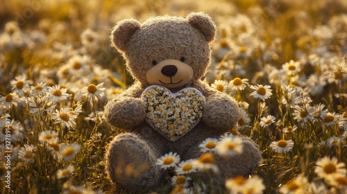 Adorable Teddy Bear with Daisy Heart in a Flower Field