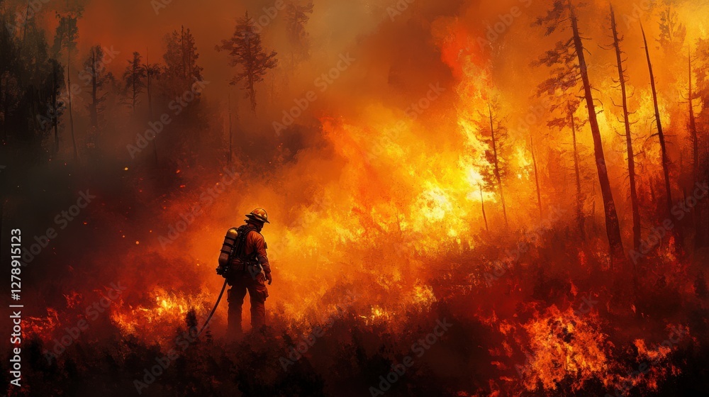 Fototapeta premium A firefighter stands in front of a forest fire