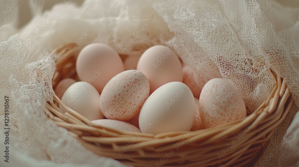 Detailed Close-Up of an Easter Basket with Delicate Eggs Inside Detailed Close-Up of an Easter Basket with Delicate Eggs Inside