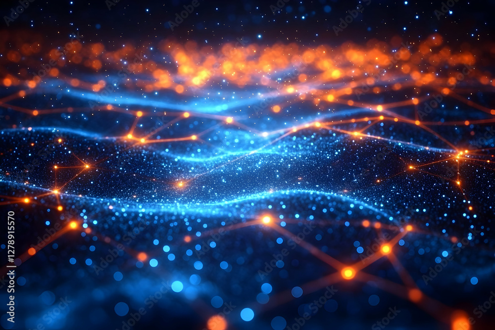 Fototapeta premium Abstract Network of Interconnected Nodes and Wavy Data Stream in Blue and Orange Hues
