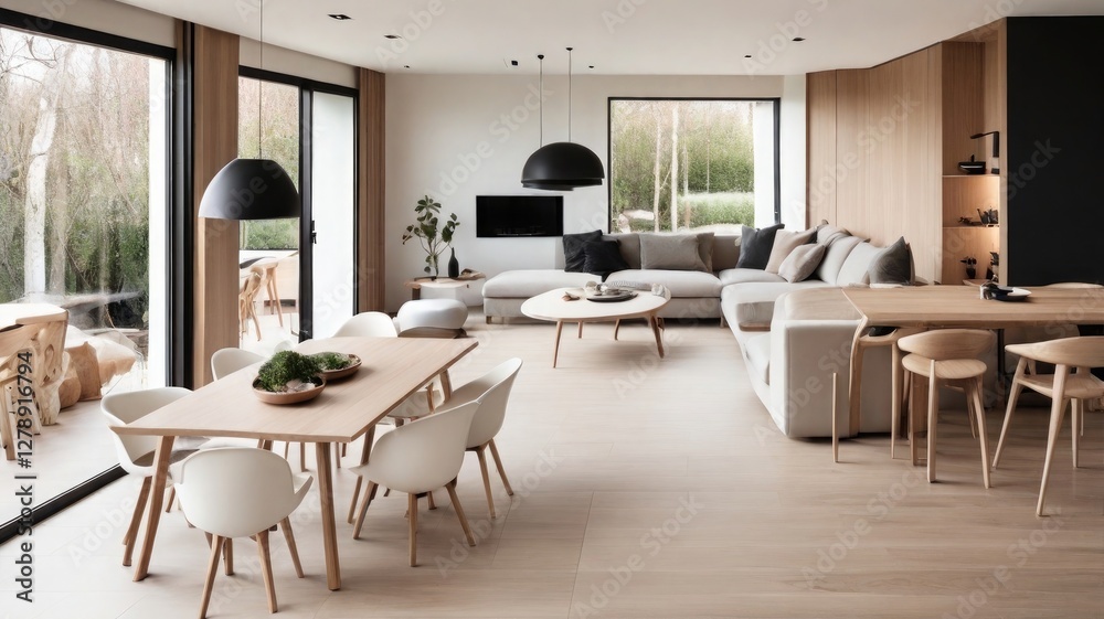 Top view of modern minimalist living and dining area with Scandinavian design in wood and porcelain tiles. Top view of modern minimalist living and dining area with Scandinavian design in wood and porcelain tiles.