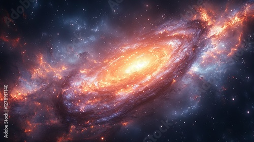 Fiery orange and blue spiral galaxy in deep space.