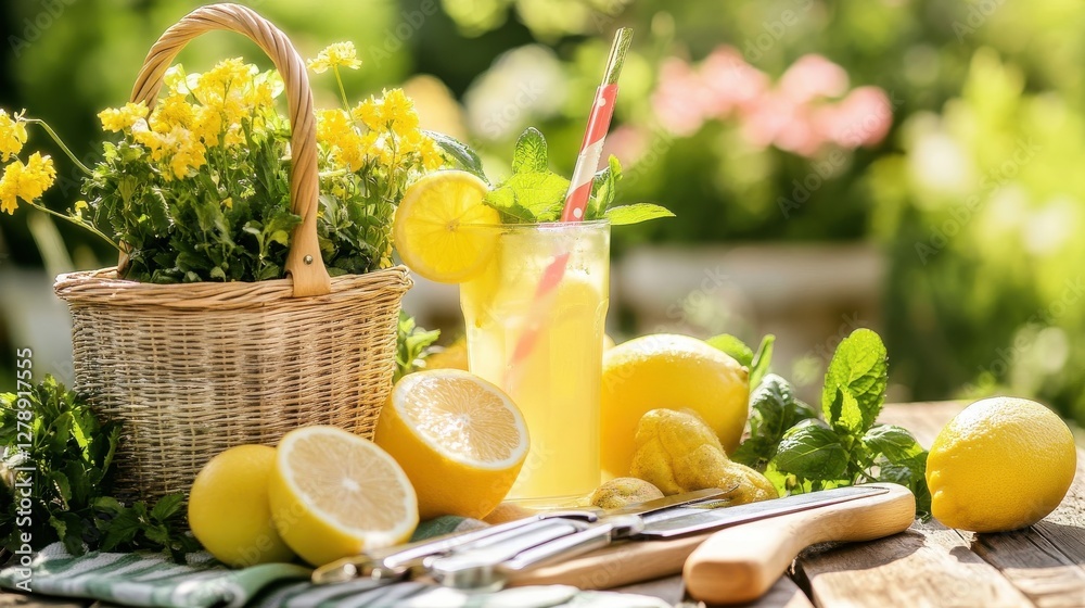 Fototapeta premium Refreshing Lemonade Drink with Lemons and Flowers