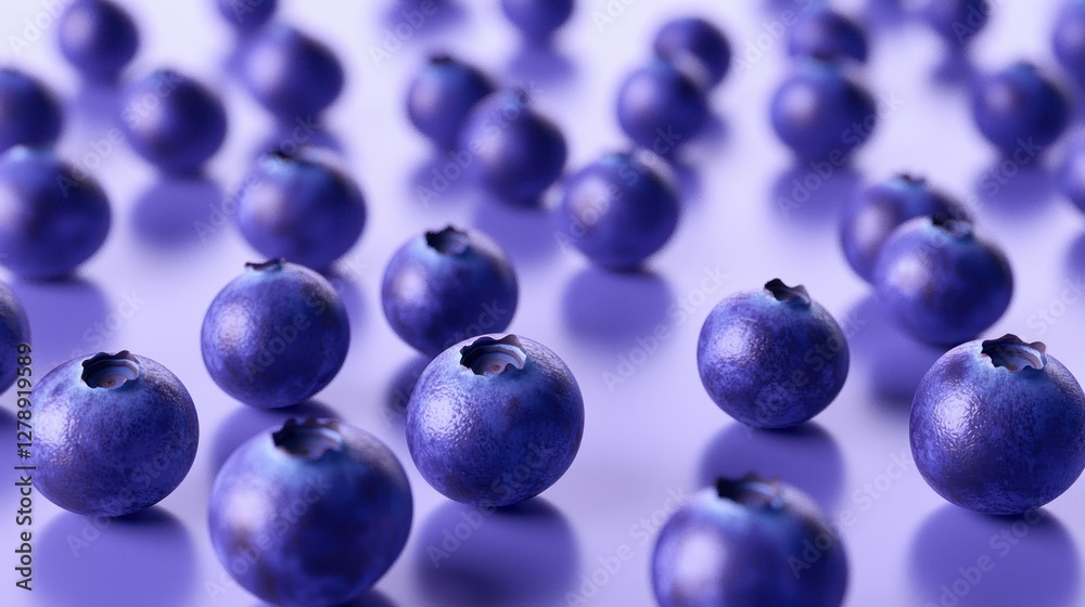 Fototapeta premium A group of perfectly round blueberries scattered in a random pattern on a transparent surface. 