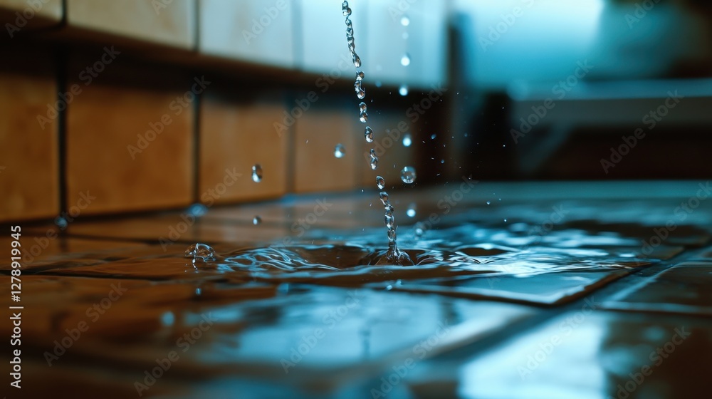 A close-up of water spilling over the edge of a sink, with droplets pooling on the tiled floor, highlighting plumbing neglect A close-up of water spilling over the edge of a sink, with droplets pooling on the tiled floor, highlighting plumbing neglect