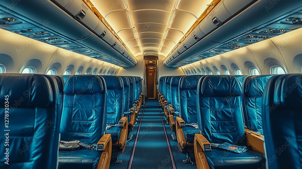 Fototapeta premium Empty airplane cabin interior with blue leather seats and aisle.
