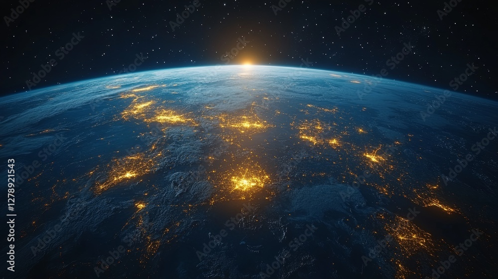 Fototapeta premium Sunrise over Earth, showing city lights at night from space.