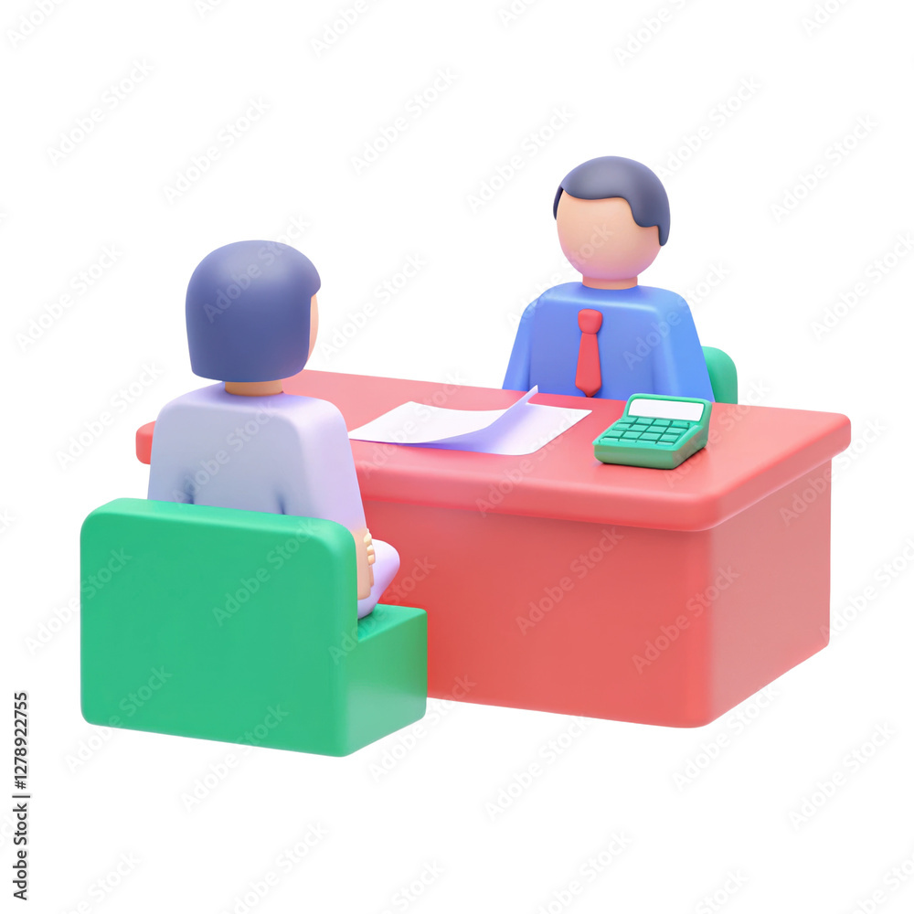 Mortgage payment finance statement. Two cartoon figures having a discussion at a colorful office desk. Mortgage payment finance statement. Two cartoon figures having a discussion at a colorful office desk.