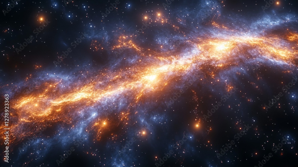 Naklejka premium Fiery nebula, cosmic dust, and stars in deep space.