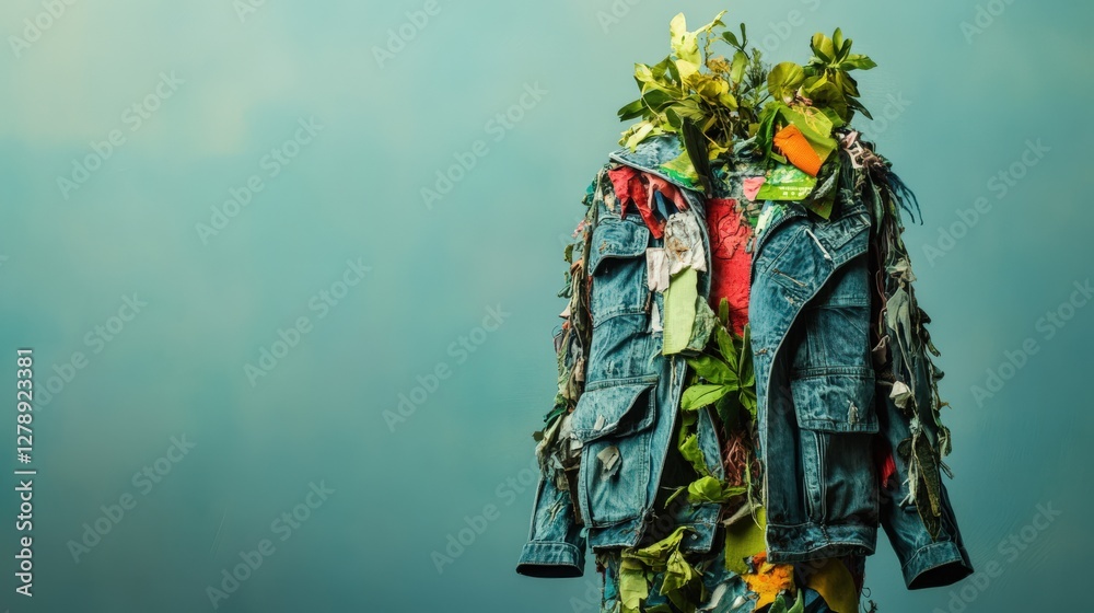 A mannequin is dressed in a blue jacket and has a green plant on its head A mannequin is dressed in a blue jacket and has a green plant on its head
