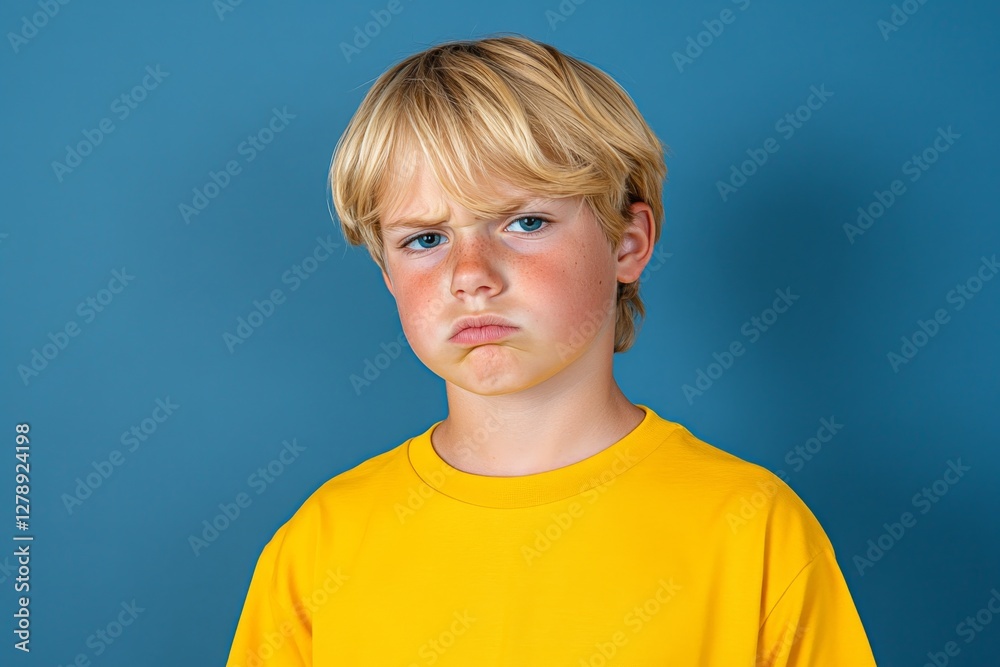 Boy with a serious expression in a yellow shirt against a blue background, capturing an emotional moment of displeasure or frustration Boy with a serious expression in a yellow shirt against a blue background, capturing an emotional moment of displeasure or frustration