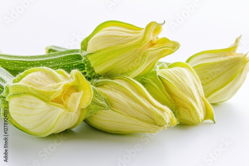 Fresh zucchini blossoms arranged neatly on a white background offering a vibrant culinary option