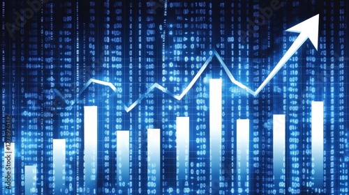 Abstract digital financial graph with upward trend and binary code background