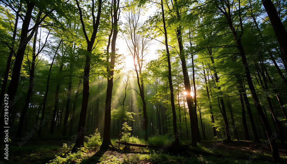 Obraz premium A Tranquil Forest with Sunlight Filtering Through Trees