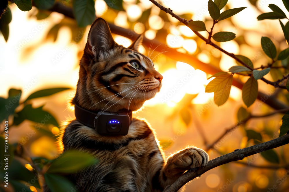 Cat with GPS tracker at sunset. A bengal cat wearing a GPS tracker sits in a tree at sunset.