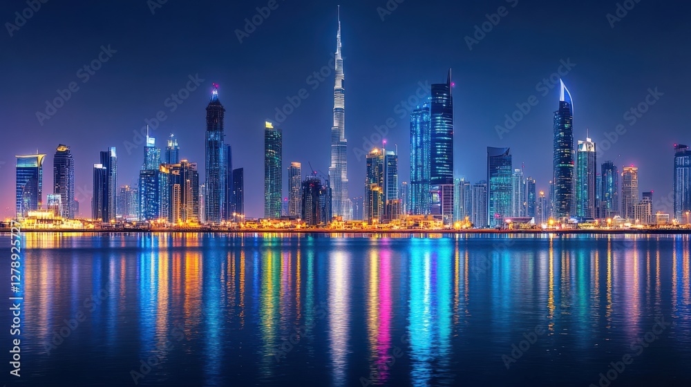 Obraz premium A city skyline is reflected in the water