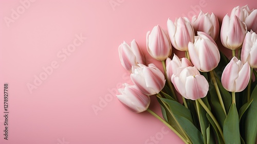 Tulips on pink table flat lay with copy space