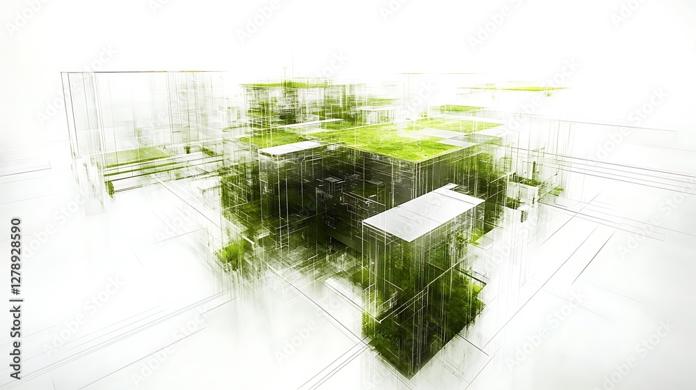 Fototapeta premium An abstract design of buildings with green vegetation on top