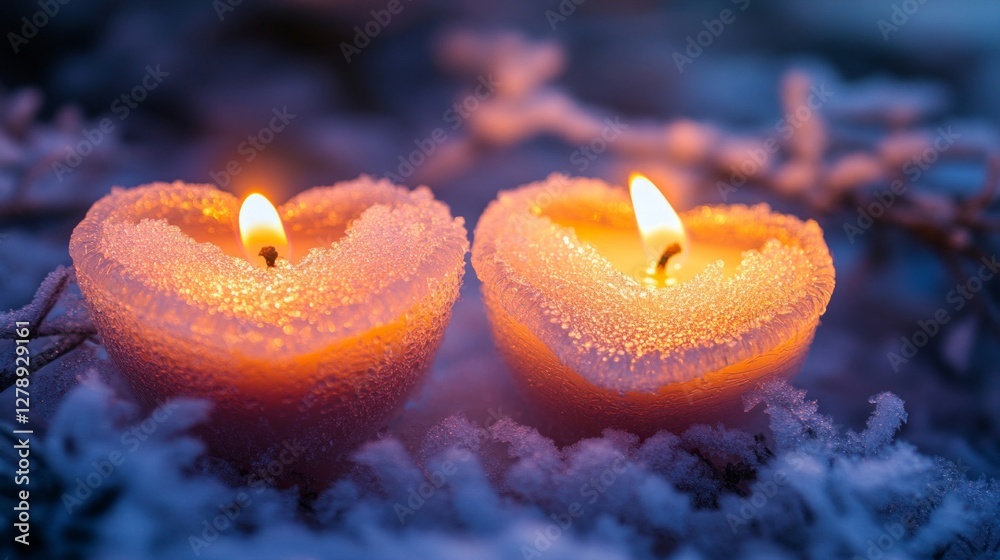 Heart-shaped candles glowing in winter snow Heart-shaped candles glowing in winter snow