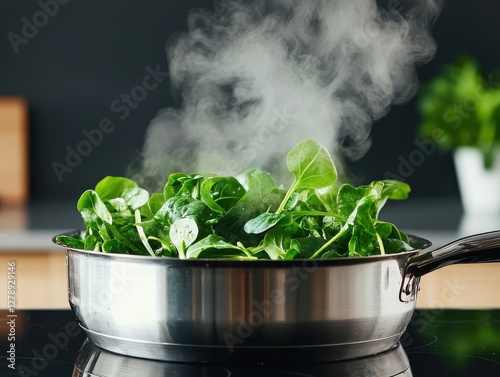 Dynamic cooking action blanching greens in boiling water kitchen setting food preparation mid-angle view steam rising