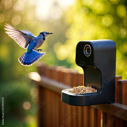 Smart bird feeder camera. Blue jay captured mid-flight, approaching a modern bird feeder equipped with a camera, mounted on a wooden fence in a lush green garden. photo