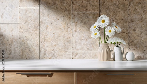 minimal cozy counter mockup design for product presentation background branding in modern style with white granite top tile wall and beige counter with daisy dandelion kitchen interior 3d render