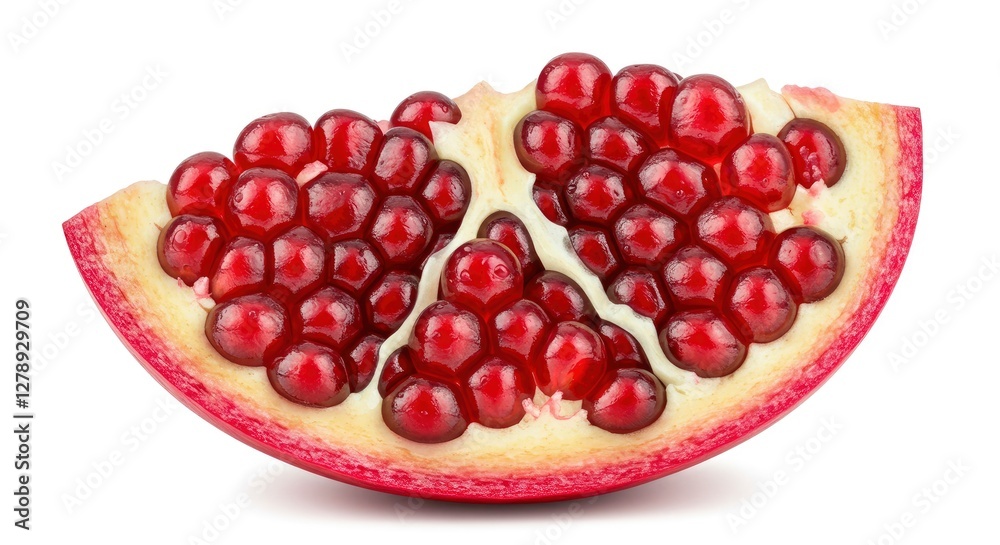 Fresh Pomegranate Slice Displaying Juicy Arils on a Clean White Background Fresh Pomegranate Slice Displaying Juicy Arils on a Clean White Background