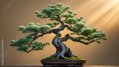 A bonsai tree in a pot sits on a wellcrafted wooden table