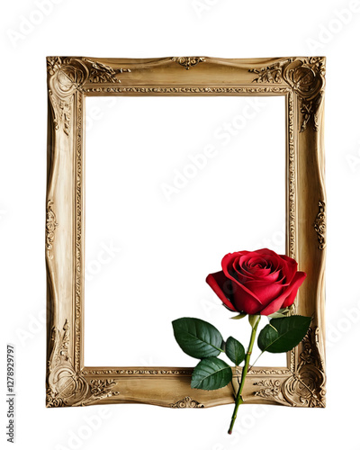 Elegant Red Rose with Vintage Gold Frame on Transparent Background - Perfect for Wedding Invitations, Valentine's Day Cards and Romantic Designs