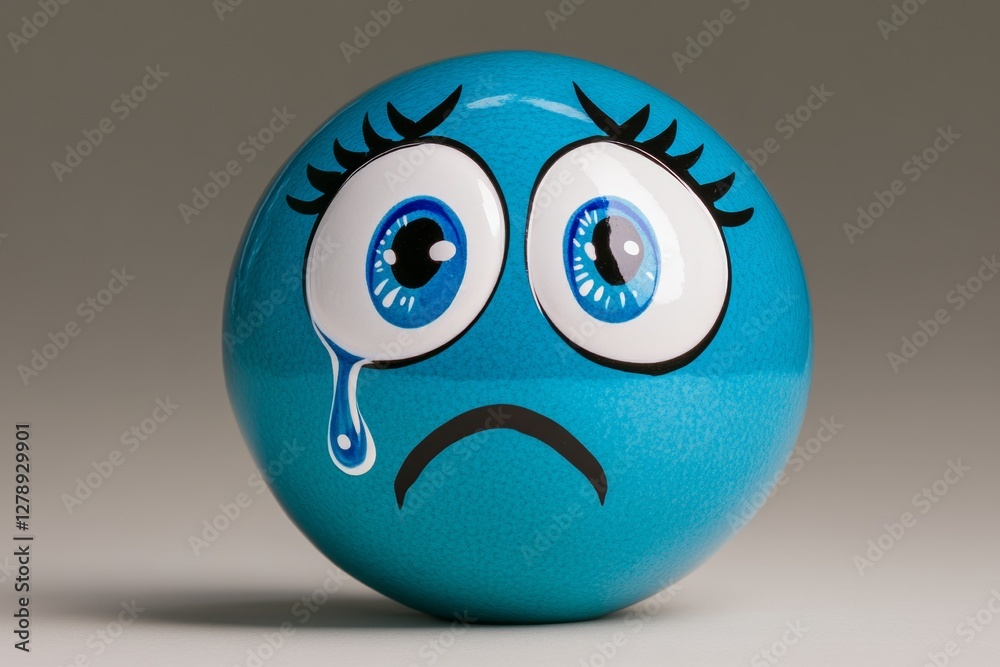 A sorrowful smiley face adorned with big expressive eyes and a single tear captures the essence of sadness in a minimalist style against a soft white background