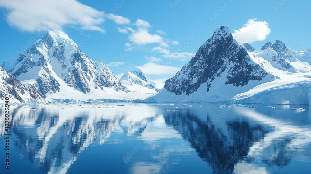 Fototapeta premium Snow-capped mountains majestically mirrored in the tranquil waters of a serene lake, showcasing nature's breathtaking beauty and harmony.