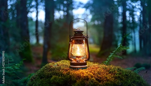 Vintage old lantern lighting in the dark forest. Travel camping concept. Burning lantern on a moss at forest in the night.