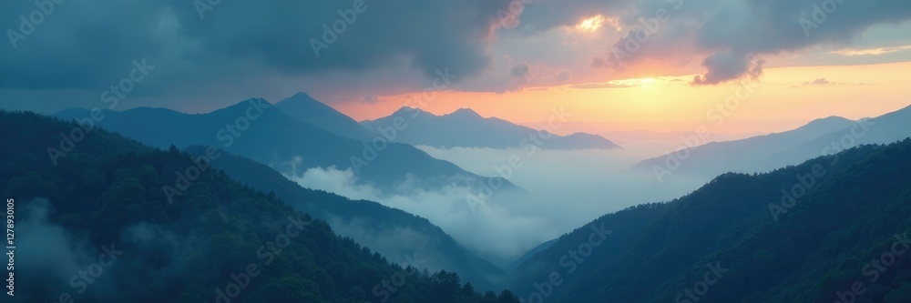 Obraz premium Dark clouds with misty mountains in the background, clouds, foresight, serenity