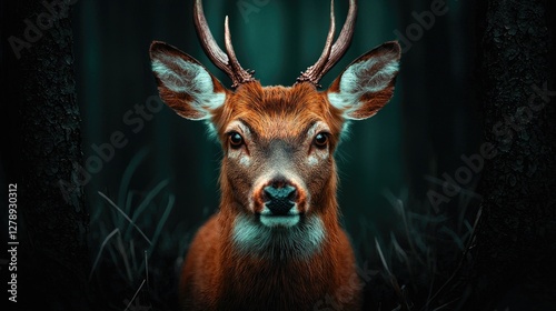 Majestic deer in dark forest, wildlife portrait photo