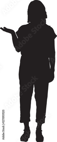 vector; silhouette; front view woman showing an imaginary object in her hand