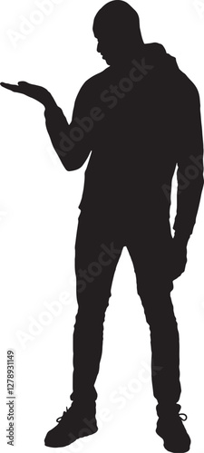 vector; silhouette; front view african man showing an imaginary object in her hand