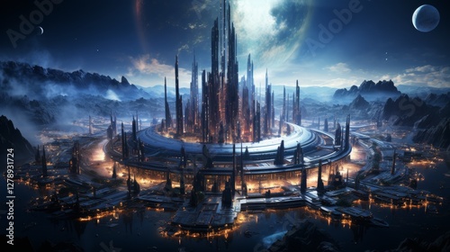 Fototapeta Naklejka Na Ścianę i Meble -  Futuristic Space Station with Docking Ships and Astronauts