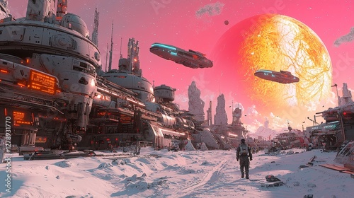 Fototapeta Naklejka Na Ścianę i Meble -  Futuristic Space Station Orbiting a Vibrant Planet