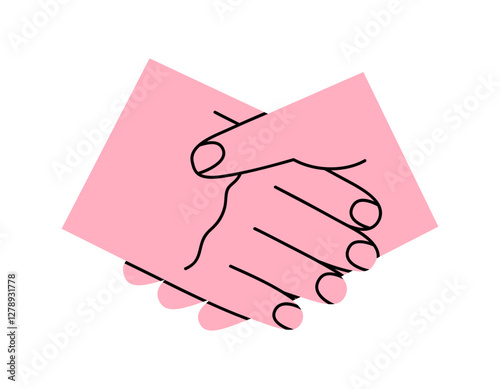 Hand drawn cute cartoon illustration of handshake. Flat vector teamwork partnership sticker in doodle style. Cooperation arm sign. Agreement hand gesture icon or print. Friendly greeting. Isolated.