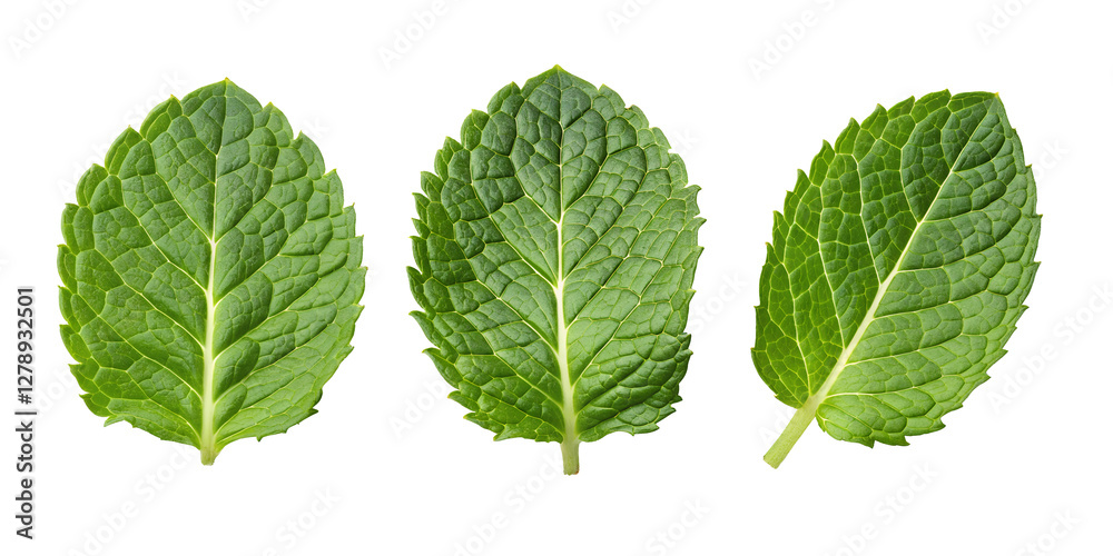 Three Different Fresh Mint Leaves on Transparent Background, Fresh, Fragrant Mint Sprigs Three Different Fresh Mint Leaves on Transparent Background, Fresh, Fragrant Mint Sprigs