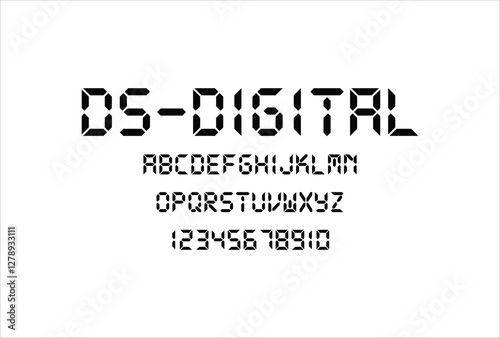 DS-Digital font for logo and headline. Isolated vector typeset