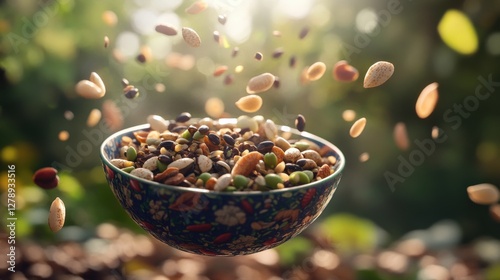 Colorful bowl of mixed seeds and nuts floating in a sunlit garden with blurred greenery