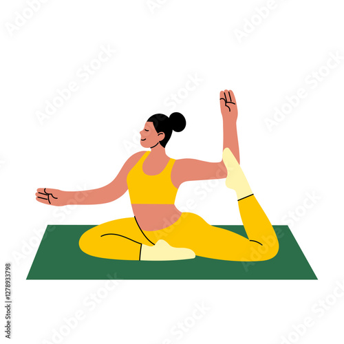 Girl doing yoga pose on mat. A modern flat-style illustration. Ideal for wellness blogs, fitness apps, meditation websites, and social media graphics.