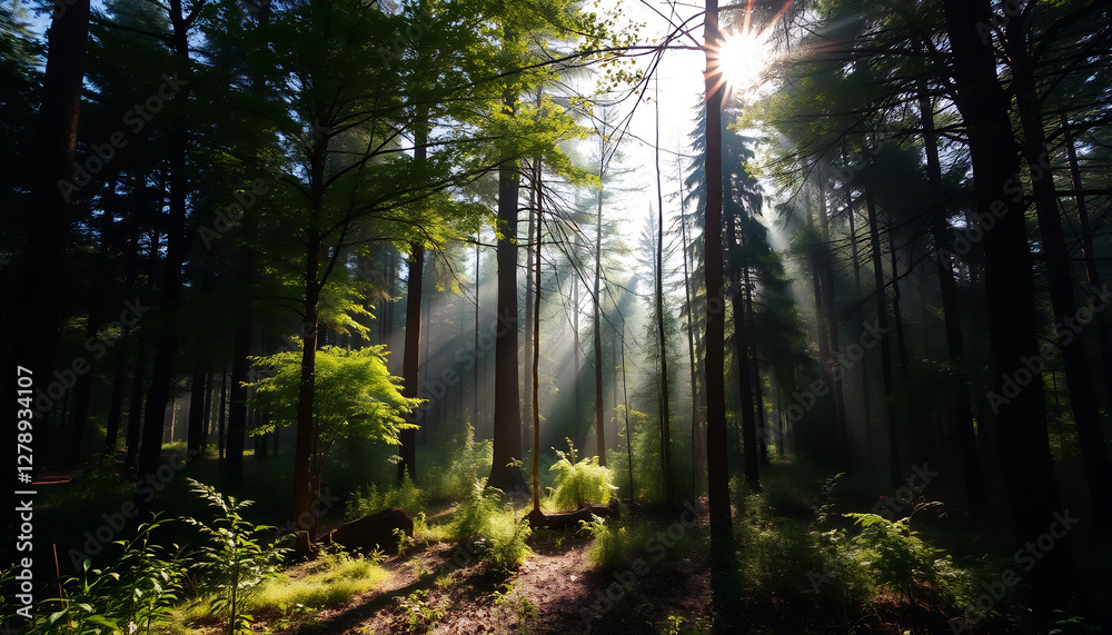 Obraz premium A Tranquil Forest with Sunlight Filtering Through Trees
