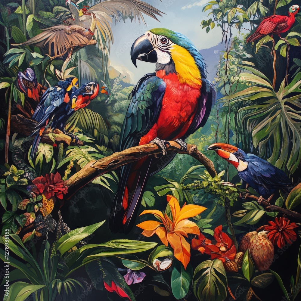 Fototapeta premium A painting of a jungle scene with a colorful parrot perched on a branch