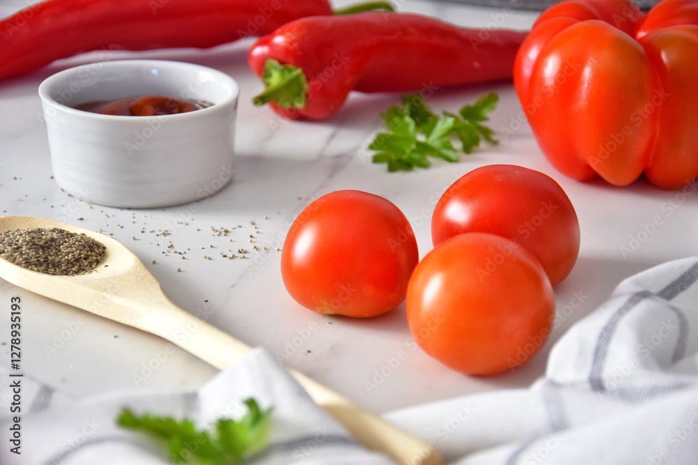 On the table there are fresh vegetables, tomatoes, peppers, parsley and prepared tomato sauce. On the table there are fresh vegetables, tomatoes, peppers, parsley and prepared tomato sauce.