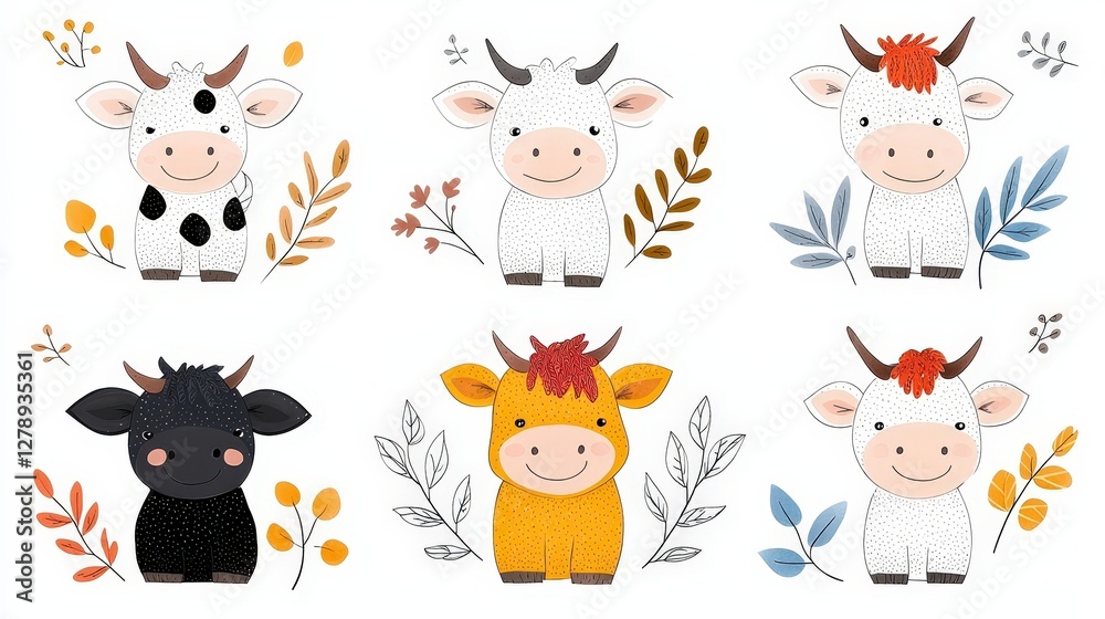 Fototapeta premium Cute Cartoon Cows with Bright Colors and Floral Elements for Kids' Designs and Decorations