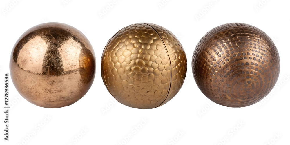 Fototapeta premium Three Different Shiny Bronze Spheres on Transparent Background, Decorative, Bronze Balls
