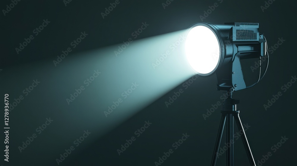 Fototapeta premium Bright spotlight on tripod illuminates dark background.